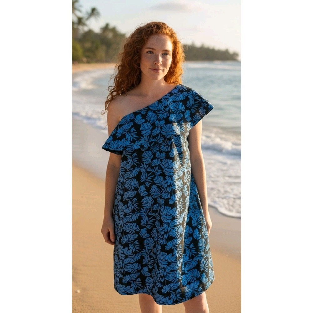 Pea in‎ the Pod Blue Tropical Monstera Leaf One Shoulder Maternity Dress Size S